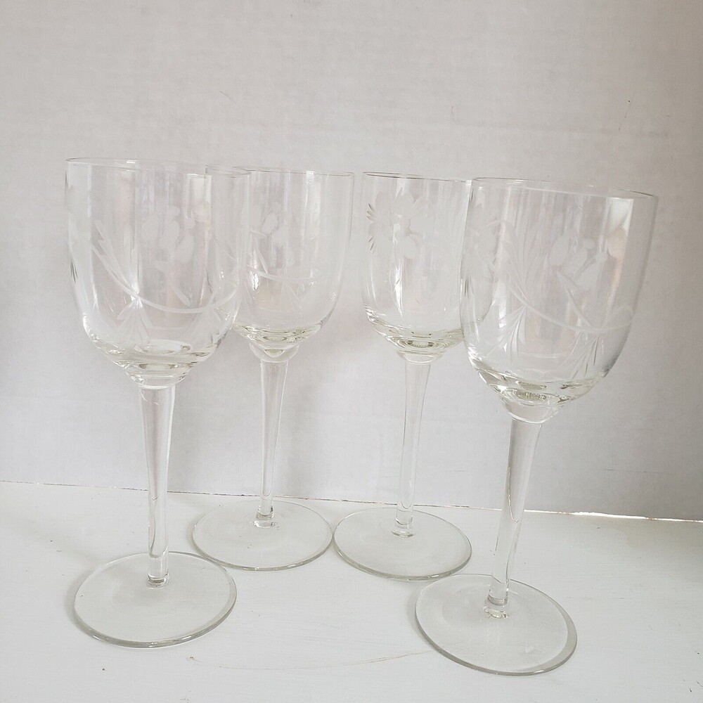 Wine Glasses Etched Flowers Set of 4 Stemmed Crystal 7 inch Unbranded Vintage